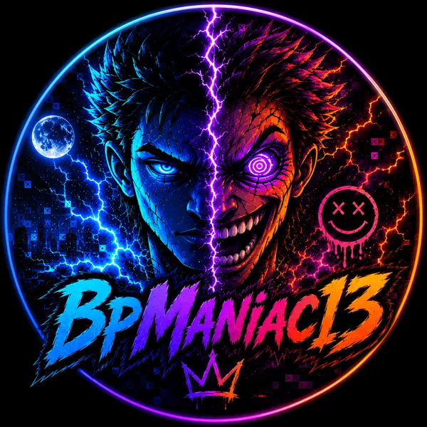 BpManiac13 neon logo with split blue and orange face