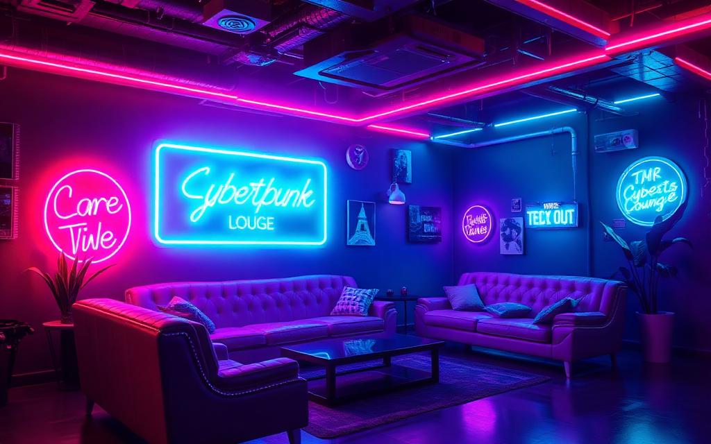 Neon lit lounge with glowing signs