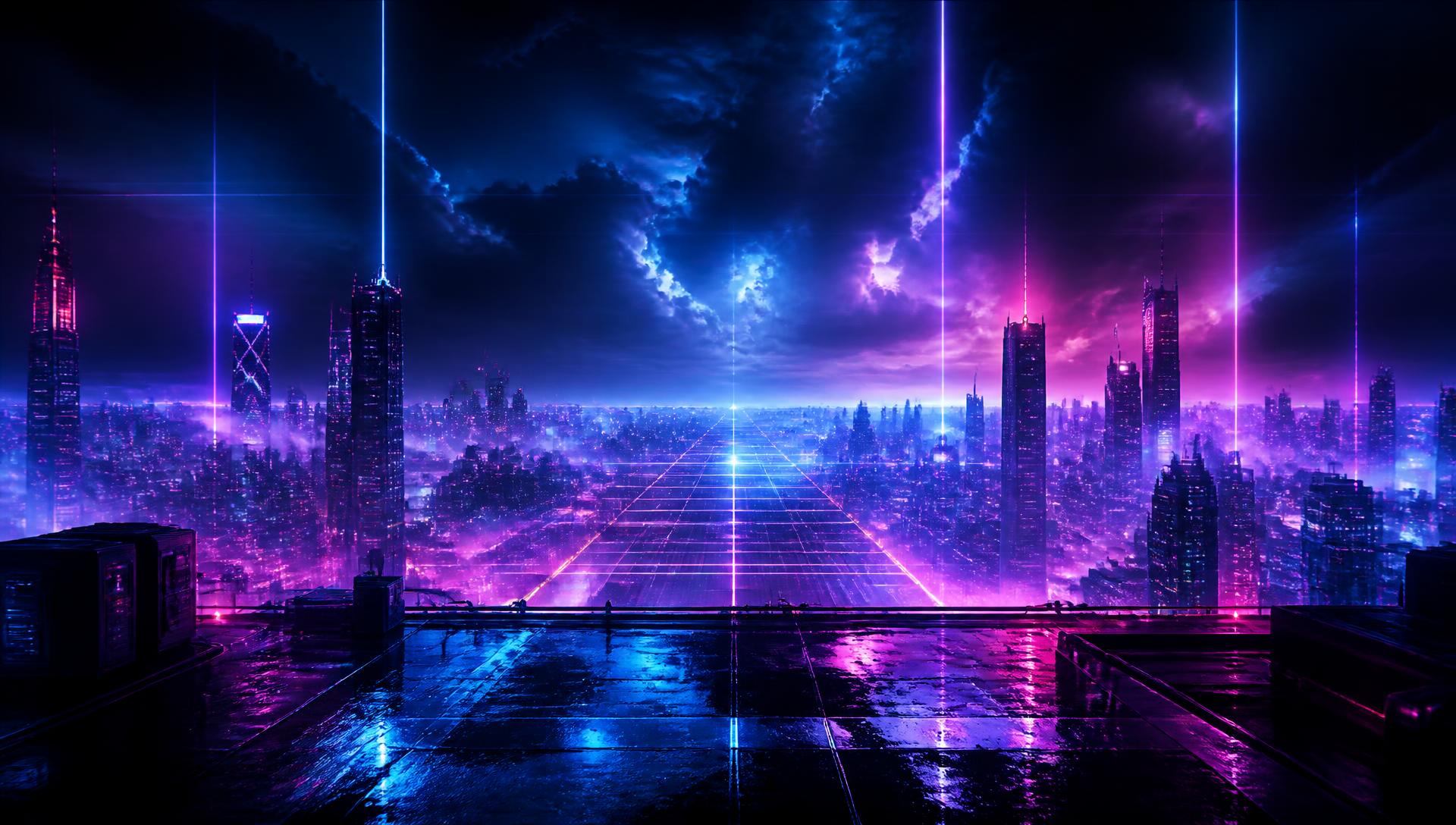 Neon cyberpunk city skyline at night